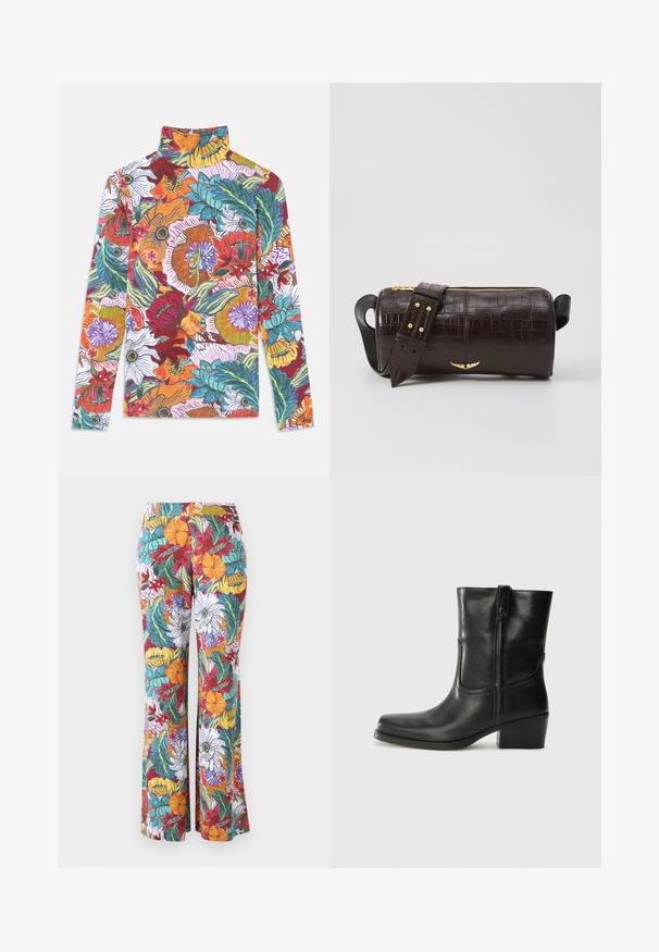 Ilgas rankovės, aukšto kaklo marškinėliai, puikuojantys ryškiu gėlių raštu su įvairiaspalvėmis žiedų puokštėmis ir žaliais lapais ant baltos fono.; Plati kelnės su daugiaspalve gėlių uždanga, kuriame yra oranžinės, violetinės ir smaragdinės gėlės bei žalios lapijos ant balto fono.; Juodi odiniai aulinukai iki kulkšnies su apvali nosimi, blokuotais kulnais, šonine užtrauktuku ir siuvimo akcentais ant viršutinės dalies. Lygi tekstūra, klasikinis dizainas.; Ruda krokodilo odspaudo odinė rankinė cilindro formos, su auksinėmis detalėmis ir nuimamu dirželiu, papuoštu studelėmis.