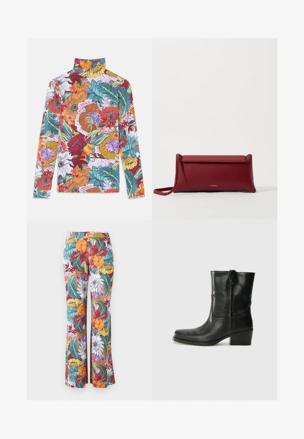 Dugih rukava, visokog vrata, majica sa živopisnim cvjetnim uzorkom s višestrukim bojama cvjetova i zelenim lišćem na bijeloj pozadini.; Hlače s razmetljivim nogavicama s višebojnim cvjetnim uzorkom, koje sadrže narančaste, ljubičaste i tirkizne cvjetove te zelene listove na bijelom podlozi.; Crne kožne čizme do članaka s okruglim vrhom, blok potpeticom, bočnim patentnim zatvaračem i detaljima od šavova na gornjem dijelu. Glatka tekstura, klasičan dizajn.; Crvena kožna clutch torbica s teksturiranim završetkom, s ravnim preklopom na vrhu i kratkom trakom. Suptilan logotip brenda sprijeda.