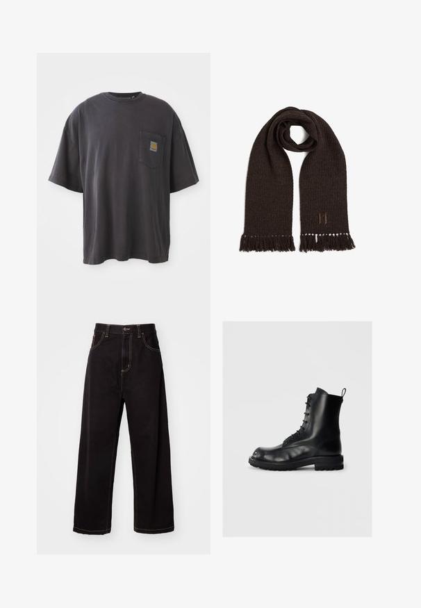Black cotton t-shirt with short sleeves, a round neckline, and a left chest pocket featuring a square logo patch. Simple and unembellished design.; Black denim wide-leg pants with contrast stitching, five-pocket design, and a front button closure. Smooth texture and sturdy fabric.; Black leather lace-up boot with thick sole and pull tab on a plain light background, side view showing left boot.; Brown woven scarf with fringed ends, featuring a subtle texture and a small embroidered logo in the lower right corner.