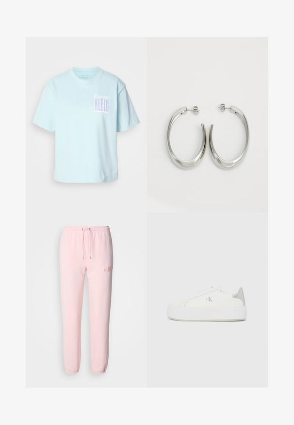 Világoskék pamut póló kerek nyakkal és rövid ujjakkal. A lényege egy grafikai tervezés, amelyen a "Calvin Klein" felirat lilában látható az elején.; Világos rózsaszín tréningnadrág, puha anyagból készült, rugalmas derékkal és zsinórral, szűkülő szárakkal, valamint finom hímzett logó részlettel.; Fehér vászon sportcipők vastag fehér talppal, fényes ezüst részlettel a saroknál és diszkrét logóval az oldalon.; Ezüst karika fülbevalók sima, ívelt formával. Fényes fémes felülettel és tűs zárral rendelkeznek. Nincsenek látható minták vagy kiegészítők.