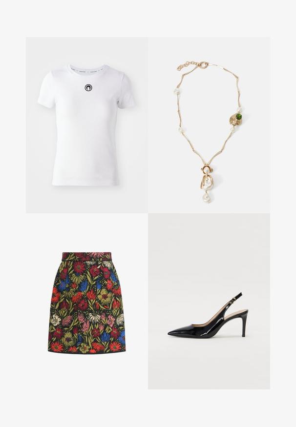 Valge lühivarukatega T-särk, mis on valmistatud puuvillast, keskelt rinnal musta tikandiga logo ja soonikkoes kaelusega.; Lillelilleline seelik musta taustaga, millel on mitmevärvilised õied punases, sinises, roosas ja rohelises, sobiva vöökoha ja A-line kujuga.; Must hõbedavärvi patendiga slingback kontsakingad terava varbaga, kitsas konts ja peene lõikega disain. Statistika on kuldne pandla rihmal.; Kuldne kaelakee keerutatud linkidega, valgete pärlitega ja rohelise kivi aktsendiga. Omab keerukaid detaile ja klambrit kinnitamiseks.
