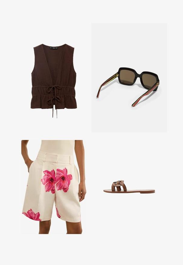 Brown, sleeveless top made from textured fabric, featuring a deep V-neck, cinched waist with a tie, and a ruffled hemline.; Next PETITE - FLORAL TAILORED - Shorts - ecru pink; Brown flat sandals made of synthetic material featuring a braided strap design and a smooth, flat sole. No heel, minimalist aesthetic.; Black oversized sunglasses with brown lenses. Features unique striped arms in green and red, and gold hardware accents. Square shape.; Brown fabric shoulder bag with a wide, rounded body and a large cutout handle. Soft texture, minimalistic design, and no visible hardware.