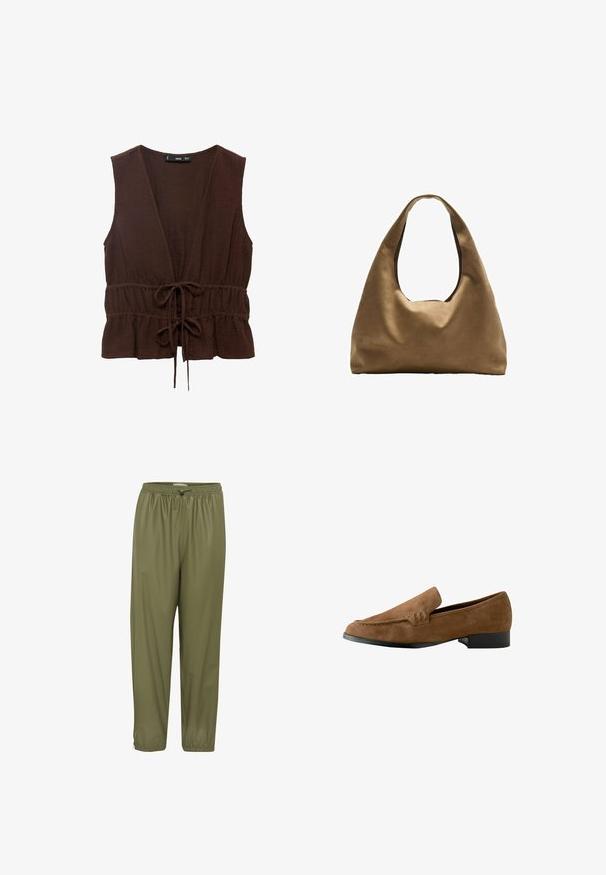 Brun, ærmeløs top lavet af tekstureret stof, med en dyb V-udskæring, indsnævret talje med en bindebånd, og en volangkant.; Olivenfarvede, letvægtige bukser med elastisk talje, snørebånd og tapered ankler. Glat tekstur med en blank finish.; Brune ruskinds loafers med en lidt forhøjet hæl, en glat tekstur, syninger foran og en rund tådesign.; Brun stof skuldertaske med en bred, rundet krop og et stort udsnit håndtag. Blød tekstur, minimalistisk design og ingen synlig hardware.