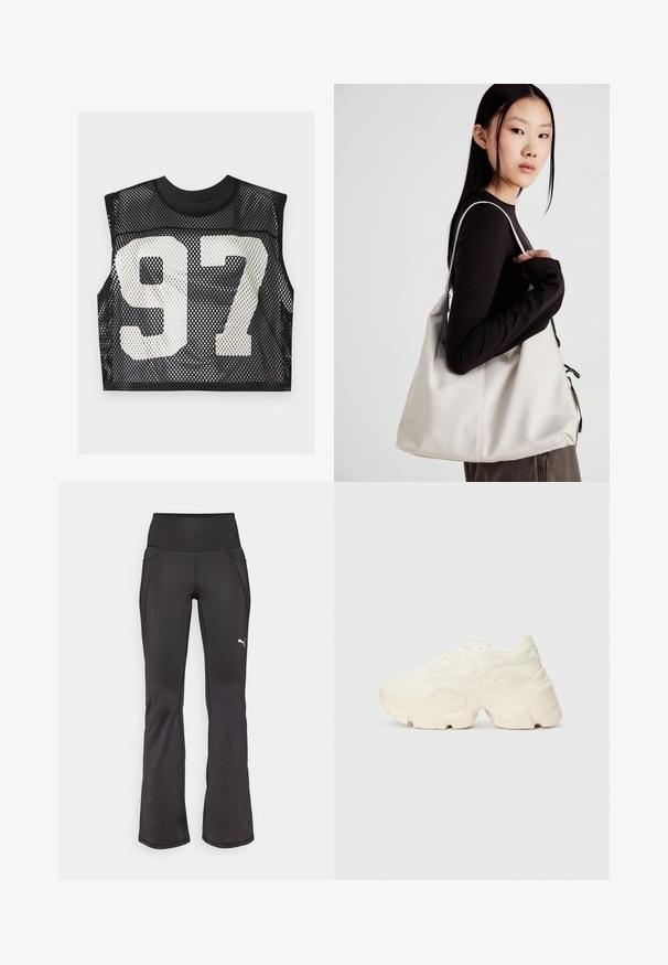 Crop top in rete nera con design senza maniche e un grande numero "97" stampato in bianco sulla parte anteriore. Materiale testurizzato e traspirante.; Pantaloni fitness neri a zampa d'elefante con vita alta, in tessuto elastico, con logo del marchio ricamato bianco e dettagli delle cuciture sottili.; Sneakers bianchi chunky realizzati in mesh testurizzato e materiali sintetici, dotati di una suola spessa e dettagli con motivi intricati lungo i lati.; Borsa a mano beige realizzata in materiale morbido, caratterizzata da un design morbido, dettagli cuciti e due manici. Adatta per l'uso quotidiano.