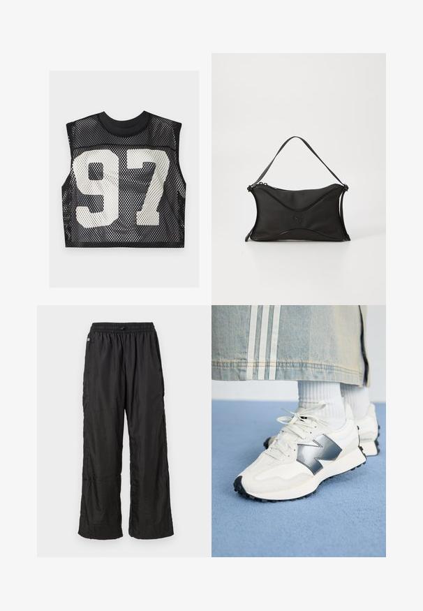 Crna mrežasta kratka majica bez rukava s velikim bijelim printanim brojem "97" sprijeda. Teksturirani, prozračni materijal.; Crne lagane nabirane trakaste hlače od najlona s elastičnim pojasom i slobodnim ravnim krojem, prikazane na jednostavnoj bijeloj pozadini.; Bijele atletske tenisice s srebrnim akcentom, teksturiranim materijalom i glatkom kožom; s crnim gumеним potplatom i vezicama.; Crna torba s mekim, teksturiranim materijalom. Ima valoviti dizajn, jedan naramenicu i suptilan logo detalj s prednje strane.