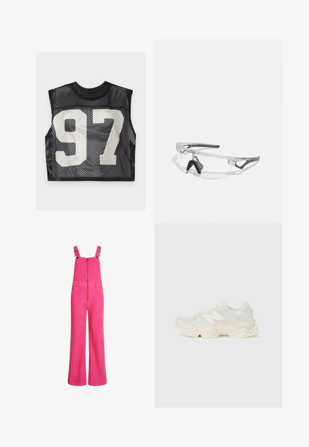 Czarny siatkowy crop top z bezrękawową konstrukcją i dużą białą nadrukowaną cyfrą "97" z przodu. Teksturowany, oddychający materiał.; Jasnoróżowe szerokie ogrodniczki z korduroy z regulowanymi ramiączkami, zamkiem błyskawicznym z przodu i kieszeniami bocznymi, pokazane na białym tle.; Lekki sneakers z siateczkową i zamszową cholewką w delikatnych kremowych odcieniach, z masywną podeszwą i trójwymiarowymi akcentami.; Przezroczyste okulary ochronne z lekką, przezroczystą ramką i szarymi akcentami. Posiadają opływowy kształt oraz regulowany nosek.