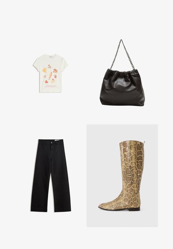 T-shirt in cotone bianco con illustrazioni di dessert colorate, inclusi gelato e torte, con il testo "SERIOUSLY GOOD TIMES" stampato sotto.; Pantaloni in denim neri a gamba larga con vita alta, dotati di tasche anteriori e posteriori, cuciture a punto, e chiusura con bottone. Texture liscia.; Stivali al ginocchio con una stampa a serpente e un motivo brunito dorato testurizzato, dotati di suola piatta e di un sottile passante sulla parte superiore.; Borsa in pelle marrone con parte superiore arricciata e tracolla a catena. Texture liscia con finitura lucida e dettagli di cucitura sottili sui lati.