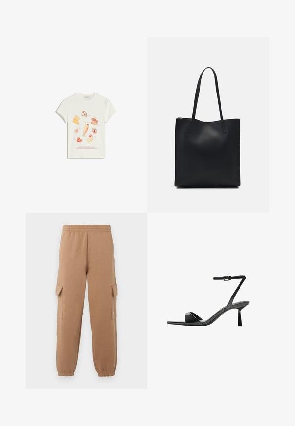 Bela bomba iz 100% bombaža z živahnimi ilustracijami sladic, vključno z sladoledom in tortami, ter napisom "RESNO DOBRI ČASI" spodaj.; Bež cargo hlače narejene iz mehke tkanine z elastičnim pasom, manšetami na gležnjih in stranskimi žepi, s sezonskim logotipom.; Bershka Sandali z visoko peto - black; Črna usnjena torba s svilnato teksturo, pravokotne oblike in dvema dolgima ročajema. Brez vidnih metalnih delov ali okrasnih elementov.