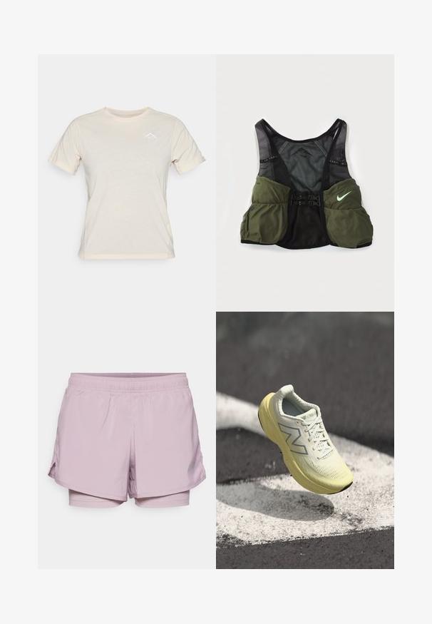 Svetložut majica s kratkimi rokavi in okroglo ovratnikom, na prsih pa je diskreten trikotni logotip v beli barvi. Mehka tkanina z gladko teksturo.; Svetlo roza športne kratke hlače z elastičnim pasom, notranjo podlogo in stranskimi razporki za fleksibilnost. Narejene iz lahkotnega, zračnega materiala.; Svetlo rumena tekaška čevlja s teksturirano zgornjico, vezalkami in oblazinjeno podplatom. Ima srebrni logotip na strani in eleganten dizajn.; Nike tekaška jopica v črni in olivno zeleni barvi. Ima mrežasto blago, nastavljive trakove in več skladiščnih žepov spredaj.