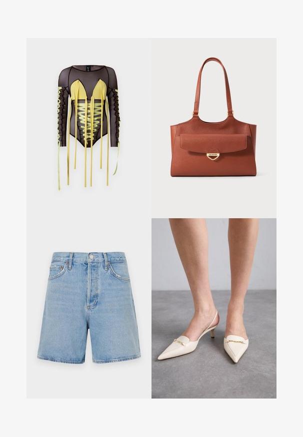 Juodas tinklinis bodis su ilgomis rankovėmis, turintis geltonas akcentus, giliu V formos kaklu ir šnypščiamos detalės su ilgais raiščiais šoninėse dalyse.; Šviesiai mėlynos džinsinės šortai su tiesiu kirpimu, dviem priekinių kišenėlių, užsegimu su mygtuku ir užtrauktuku, bei šiek tiek dėvėtoms kraštinėms.; Kremo spalvos, smailėtų pirštų slingback aukštakulniai su plonu vidutinio aukščio kulnu, kurių priekyje yra auksinė grandinė ir švelni odos tekstūra.; Ruda odinė perkeliamąja kuprinė su ilgomis rankenomis, priekinė kišenė su dangteliu ir auksinė širdeles formos užsegimo sagtis, gravezuota "Love Moschino".