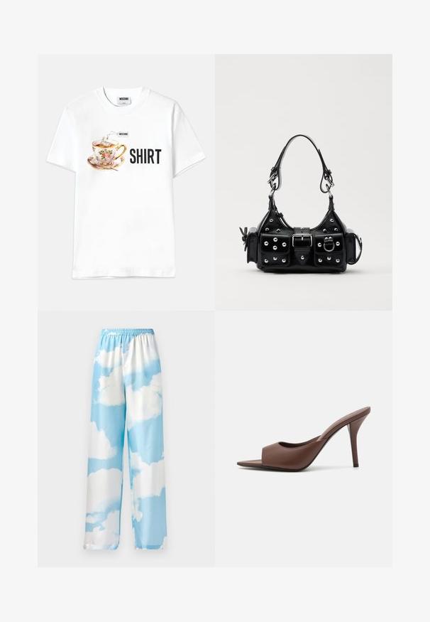Valkoinen puuvillapaita, jossa on kukkakuviollinen teekuppi, teepussi ja sana "SHIRT" lihavoidulla mustalla tekstillä.; Taivaansiniset housut, joissa on pilvikuvio, valmistettu sileästä kankaasta, elastisella vyötäröllä ja leveillä lahkeilla. Ei näkyviä taskuja tai metalliosia.; Ruskean nahkakengät, joissa on avonainen varvas, korkea kanta ja tyylikäs muotoilu. Kengissä on leveä etuhihna ja hoikka stiletto-korko.; Musta nahkainen käsilaukku, jossa on kaareva muotoilu, hopeiset niitit, solki ja kaksi sivutaskua. Säädettävä olkahihna erilaisiin kantovaihtoehtoihin.