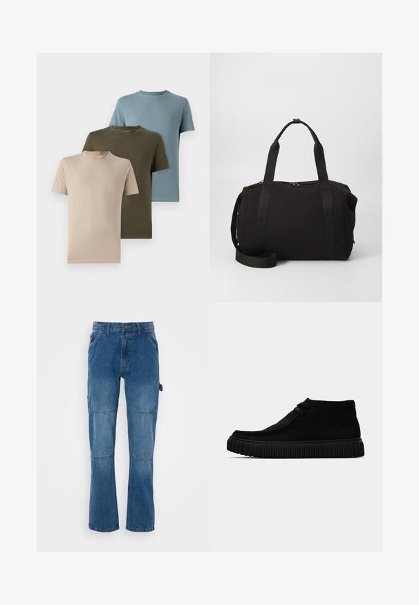 Három rövid ujjú póló bézs, olíva zöld és világoskék színben, puha anyagból, kerek nyakkivágással és sima dizájnnal.; Kék farmernadrág egyenes lábú kialakítással, varrási részletekkel és gombos záródással. Az anyag halvány mosott hatású, sima textúrával rendelkezik.; Fekete bokacsizmák puha anyagból, kerek orral, minimális fűzéssel és texturált gumitalppal, amely függőleges barázdákkal rendelkezik.; Fekete sporttáska vastag fogantyúkkal és levehető pánttal. Sima anyagból készült, cipzáras záródással és minimalista dizájnnal rendelkezik.