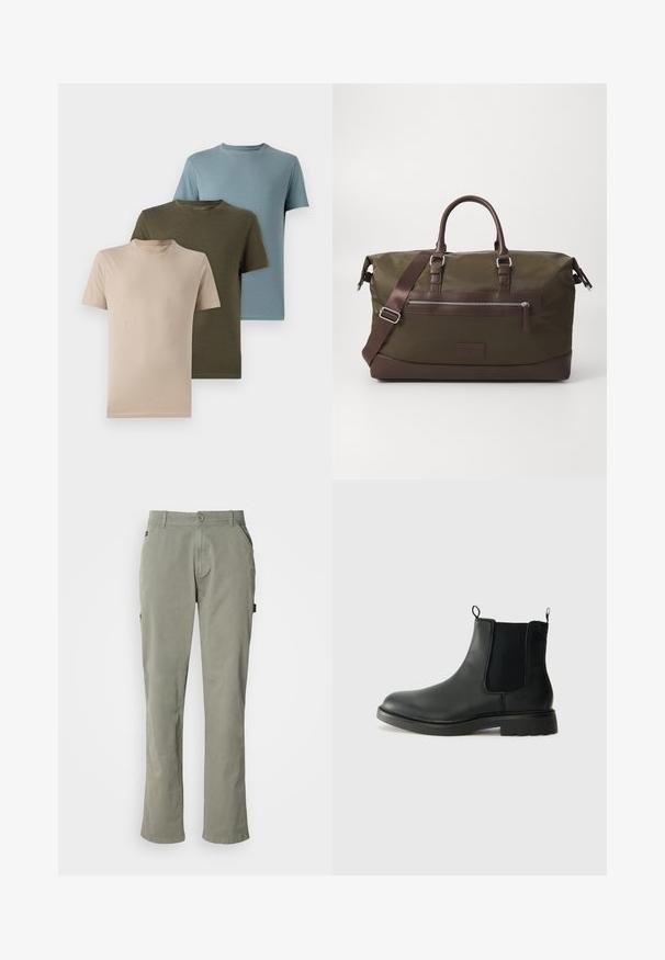 Trois t-shirts à manches courtes en beige, vert olive et bleu clair, en tissu doux avec un col rond et un design uni.; Pantalon en coton vert clair à coupe droite, avec des poches devant, une fermeture à bouton et une taille avec passants de ceinture.; Bottines Chelsea en cuir noir avec des panneaux élastiques sur les côtés, des languettes de tirage, un bout arrondi et une semelle en caoutchouc texturée. Surface lisse et design robuste.; Sac de sport en toile vert olive avec des accents en cuir brun, équipé de deux poignées, d'une bandoulière amovible et d'une poche zippée à l'avant.