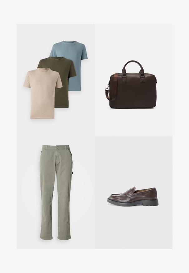 Drei kurzärmelige T-Shirts in Beige, Olivgrün und Hellblau, aus weichem Stoff mit Rundhalsausschnitt und schlichtem Design.; Hellgrüne Baumwollhose mit geradem Schnitt, ausgestattet mit Vordertaschen, einem Knopfverschluss und einem Bund mit Gürtelschlaufen.; Braune Lederloafers mit glatter Oberfläche, runder Zehenpartie, minimaler Naht und dicker schwarzer Gummisohle. Kein sichtbares Zubehör oder Akzente.; Braune Leder-Laptoptasche mit strukturierter Oberfläche, doppelten Obergriffen, verstellbarem Gurt und zwei vorderen Schnallen für zusätzlichen Detailreichtum.