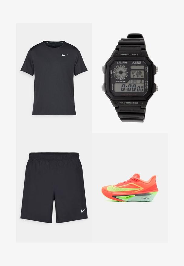 Tricou de alergare Nike negru, fabricat dintr-un material ușor și respirabil, cu mâneci scurte și un mic logo alb pe piept.; Pantaloni scurți atletici negri, fabricați dintr-un material ușor, cu un talie elastică. Au un mic logo alb Nike în partea stângă jos.; Pantofii de alergare au un design strident, cu un superior portocaliu aprins, accente verzi neon, un design aerodinamic și o talpă distinctivă gri și verde, etichetați "ZOOMX."; Ceas de mână digital, cu curea din cauciuc negru, carcasă rectangulară și lentilă. Afișează ora, hartă mondială de timp și butoane pentru alarmă și lumină.