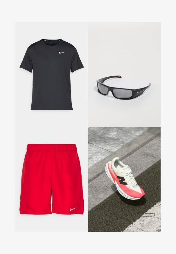 Juodas Nike bėgimo marškinėlis, pagamintas iš lengvos, kvėpuojančios medžiagos, turintis trumpas rankoves ir mažą baltą logotipą ant krūtinės.; Raudoni sportiniai šortai su elastingu juosmeniu, pagaminti iš lengvos medžiagos. Apatinėje kairėje pusėje yra mažas sidabrinis Nike logotipas.; Lengvas bėgimo batelis su kreminiu viršumi, rožiniais akcentais ir juodu logotipu. Turi srautą formuojančią formą ir tekstūruotą padą, kad būtų užtikrintas sukibimas.; Juodos Oakley apvalios saulės akinių su tamsiais stačiakampiais objektyvais ir kreivomis rankenomis ant paprasto balto fono.