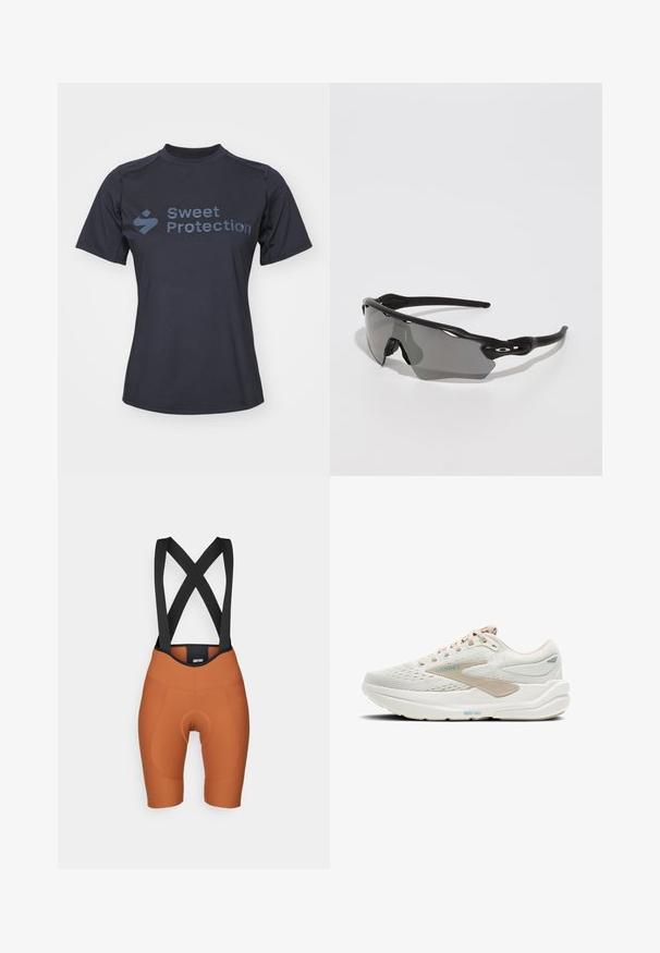 Short-sleeve black shirt, made of smooth fabric, featuring the text "Sweet Protection" in a contrasting dark blue on the front.; Orange bib shorts with black elastic straps, padded seat area, fitted design, and smooth texture. No visible logos or patterns.; Light beige running shoe with a textured mesh upper, smooth plastic accents, and a thick white sole. Features minimal lacing and branding.; Black sports sunglasses with a sleek design, wrap-around lens, grey tinted lens, and textured black temple arms. No visible logos.
