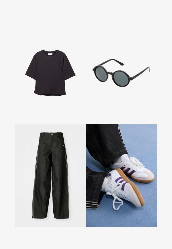 Fekete, rövid ujjú, kerek nyakú póló, raglán ujjal és egyenes szegéllyel, fehér háttéren kiemelve.; Fekete farmer széles lábú nadrág fehér oldalsávokkal, elülső zsebekkel, gombos cipzárral, és egy diszkrét logóval a derékrészen.; Fehér sportcipők lila csíkokkal és barna gumitalppal, kerek fűzőkkel és párnázott nyakrésszel. Sötét farmernadrággal viselve.; Kerek napszemüveg fekete műanyag kerettel és sötétszürke lencsékkel. Vékony, egyenes karjai minimalista részletekkel rendelkeznek.