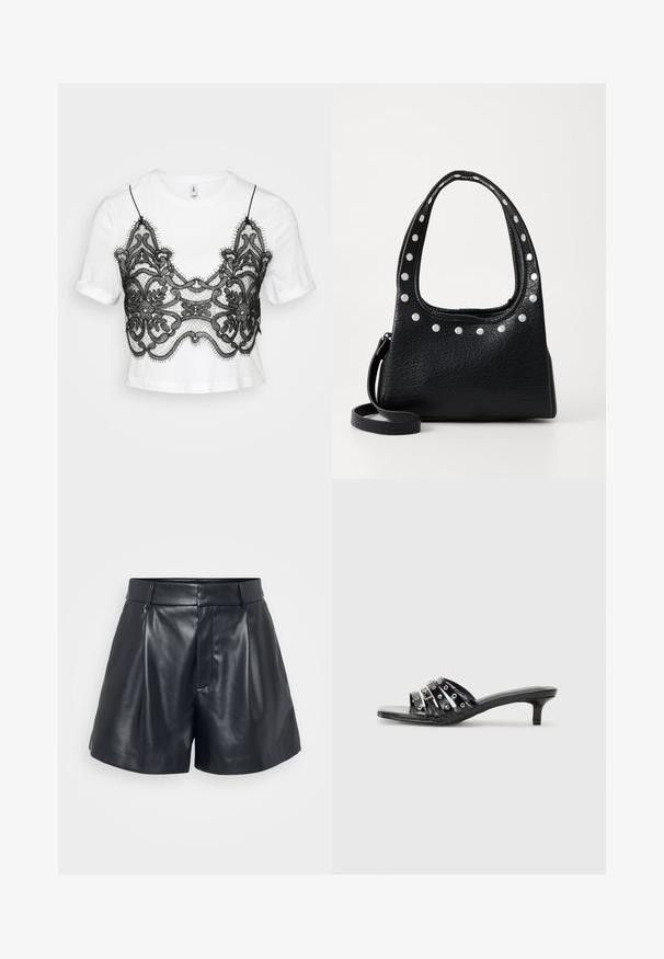 Biely tričko s krátkym rukávom s čiernou čipkovou vrstvou s kvetinovými vzormi a zúbkami, ktoré vytvárajú vrstvenú estetiku.; Čierne kožené šortky s hladkým povrchom, upravený dizajn, skladaný predok a pútka na opasok; obsahujú skrytú zipsovú kapsu na boku.; Čierne sandále na podpätku s viacerými lesklými popruhmi a metalickými akcentmi, s ťahavým špičkou a skromnými kitten podpätkami. Hladký povrch.; Čierna kožená kabelka s textúrou a striebornými cvokmi pozdĺž hornej hrany a na uchách, so krátkym uchom a odnímateľným popruhom.; Strieborná kruhová náušnica s lesklým povrchom, obsahujúca malé zlaté akcenty a okrúhly tvar, nosená na lalôčiku ucha.
