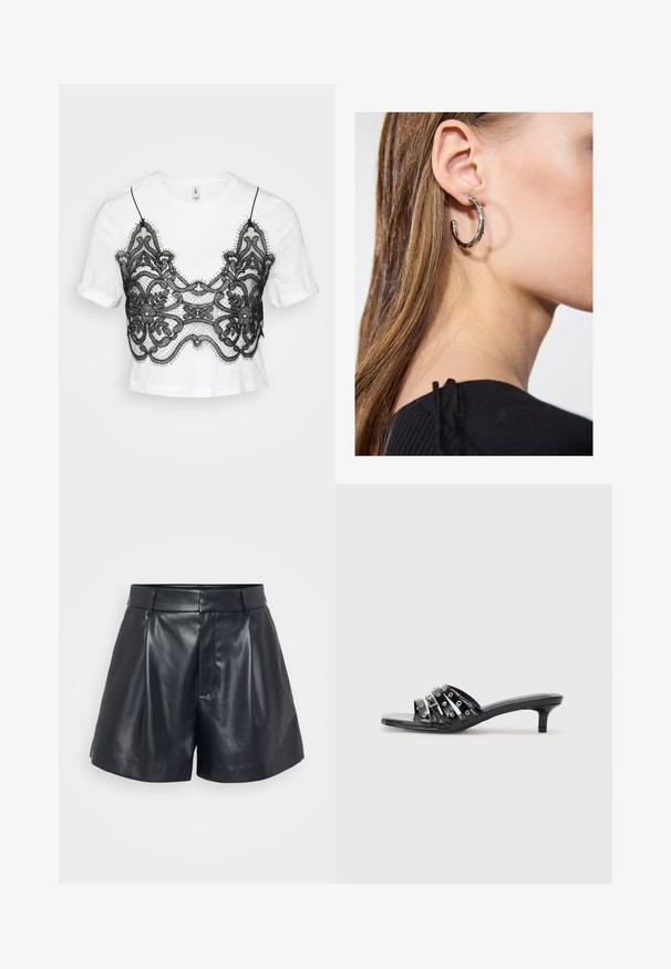 White short-sleeve t-shirt featuring a black lace overlay with floral patterns and scalloped edges, creating a layered aesthetic.; Black leather shorts with a smooth texture, tailored design, pleated front, and belt loops; features a hidden zipper pocket on the side.; Black heeled sandals with multiple glossy straps and metallic accents, featuring a pointed toe and modest kitten heels. Smooth texture.; Silver hoop earring with a polished finish, featuring small gold accent details and a round shape, worn on the lobe.