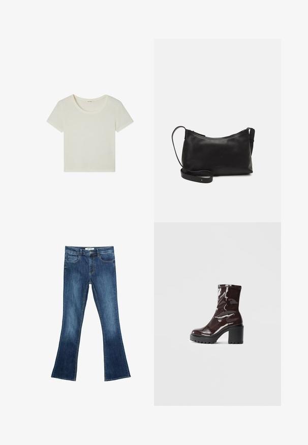 T-shirt coupe cropped en mélange de coton blanc cassé, doté d'un col rond et de manches courtes avec une texture douce et lisse.; Jean en denim évasé de couleur bleu délavé. Comprend des poches avant, des passants de ceinture et une taille standard. Coutures contrastées visibles dans tout le vêtement.; Bottines bordeaux brillantes à talon épais noir, avec une texture lisse et un design simple. Aucune fermeture visible ni motifs.; Sac à épaule en cuir noir avec une texture lisse, une forme courbée, une bandoulière ajustable et une fermeture éclair. Design minimaliste sans embellissements.