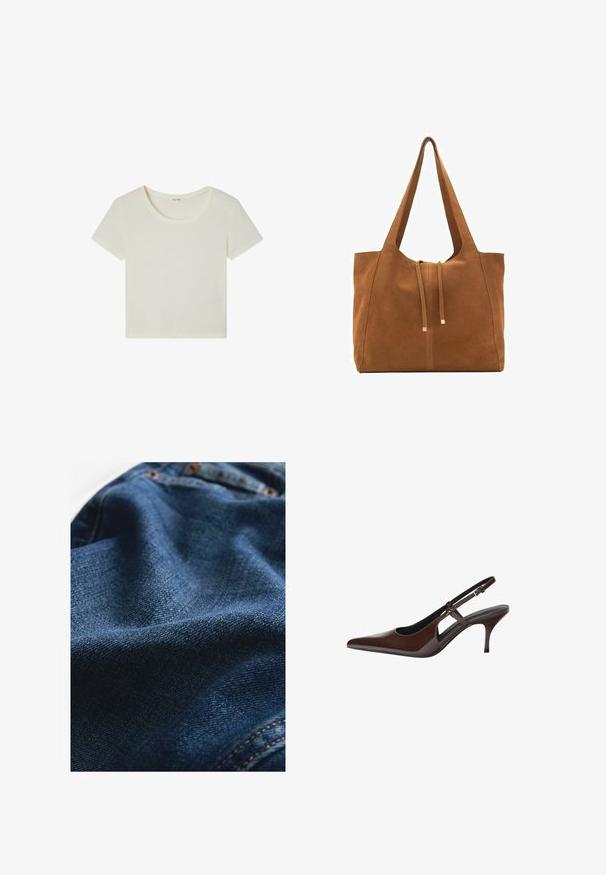 Kratka majica od mješavine pamuka u boji slonovače, s okruglim izrezom i kratkim rukavima, s mekanom i glatkom teksturom.; Denim tkanina u tamnoplavoj boji, koja se odlikuje glatkom teksturom sa suptilnim varijacijama u tkanju i kontrastnim šavnim detaljima.; Smeđe lakirane kožne sandale s otvorenom petom, špicastim nosom i tankim potpeticama. Imaju podesiv remen s kopčanjem.; Smeđa antilop torba za ruke s dva duga remena, zatvaranje na vezicu i minimalistički dizajn. Glatka tekstura i bez vidljivih metalnih elemenata.