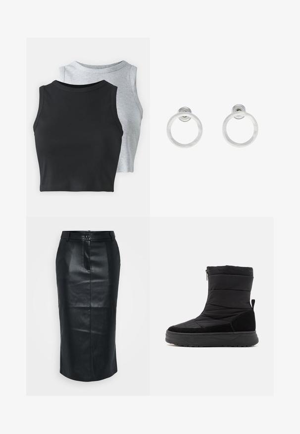 Even&Odd Petite 2 PACK - Viršus - light grey/black; Juoda odinė pieštuko sijonas su aukštu juosmeniu, nugaroje įpjova, lygaus paviršiaus ir vienu mygtuko užsegimu. Išsiskiria pritaikytu, aptemptu dizainu.; Juodas vandeniui atsparus batas su paminkštintu viršumi, suede akcentais, tekstūruotu guminiais padu ir šoniniu užtrauktuku. Minkšta pamušalo medžiaga matoma viršuje.; Sidabriniai metaliniai auskarai žiedų pavidalu su šveitimo tekstūra, turintys apvalų dizainą ir skaidrų laikiklį saugiam dėvėjimui.