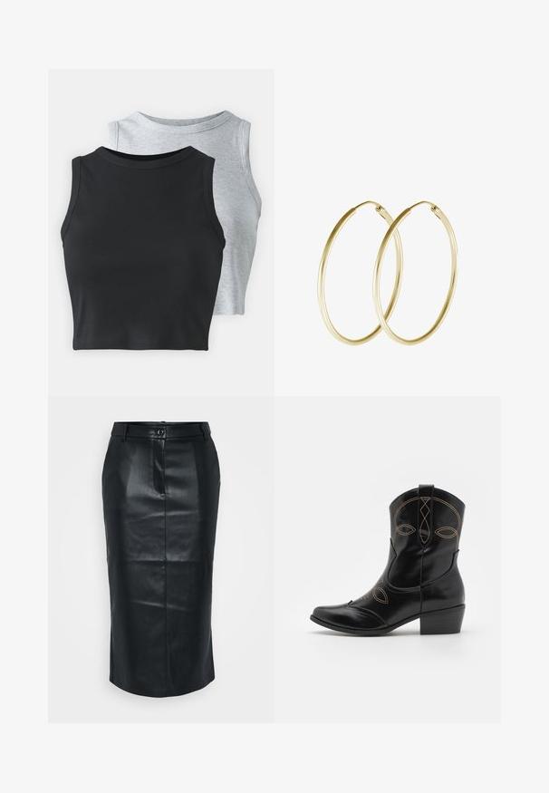 Even&Odd Petite 2 PACK - Top - light grey/black; Čierna kožená ceruzková sukňa s vysokým pásom, rozparkom vzadu, hladkou textúrou a jedným gombíkom na zapínanie. Má upravený, priliehavý strih.; Čierne kožené kovbojské topánky s dekoratívnym oranžovým prešívaním a vystuženým dizajnom. Majú krátky zúžený podpätok a špicatú špičku.; Zlaté kruhové náušnice s hladkým, zaobleným dizajnom a lesklým povrchom. Ľahká konštrukcia s bezpečným zapínaním.