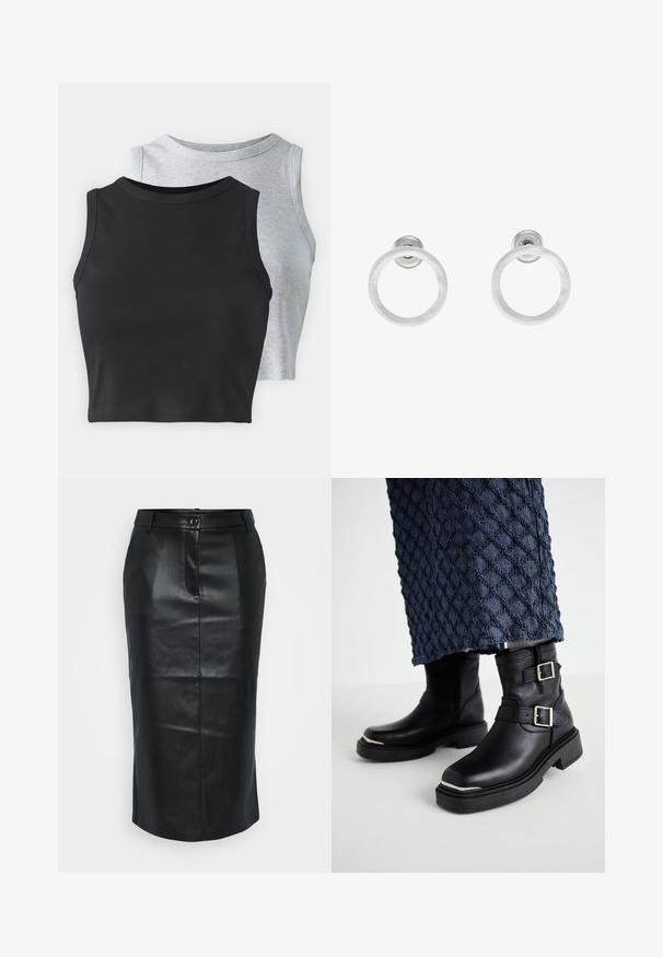 Even&Odd Petite 2 PACK - Linne - light grey/black; Svart läder pennkjol med hög midja, bakslits, slät textur och en enkel knappstängning. Har en skräddarsydd, figurnära design.; Svarta läderankelboots med dubbla spännen, texturerad finish, fyrkantiga tår och kraftiga gummisulor. Anmärkningsvärda silverfärger.; Silvriga metallringörhängen med borstad yta, som har en cirkulär design och en genomskinlig stiftbaksida för säker användning.