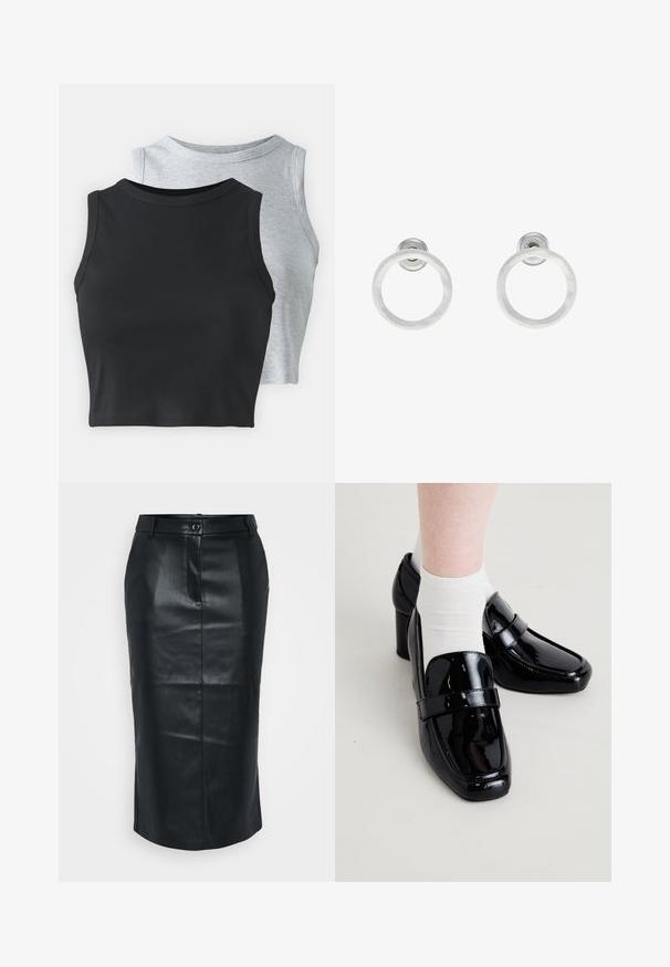 Even&Odd Petite 2 PACK - Débardeur - light grey/black; Jupe crayon en cuir noir avec une taille haute, fente au dos, texture lisse et fermeture à bouton unique. Présente un design ajusté et sur mesure.; Mocassins noirs en cuir verni avec un bout carré et un talon surélevé, présentant une texture lisse et une bande horizontale proéminente sur le dessus.; Boucles d'oreilles en métal argenté avec une texture brossée, présentant un design circulaire et un fermoir transparent pour un port sécurisé.