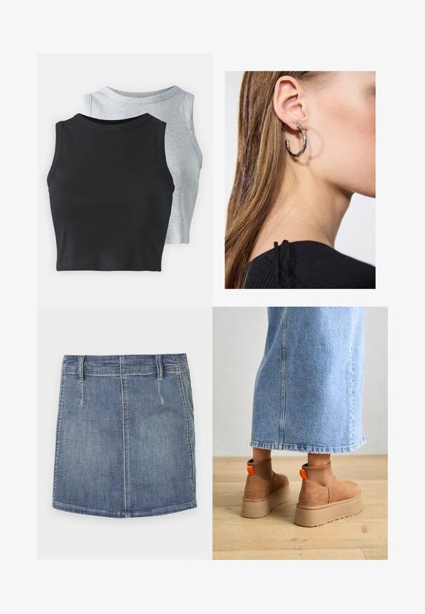 Even&Odd Petite 2 PACK - Top - light grey/black; Denim mini-jurk in lichtblauw met een klassieke snit. Heeft voorzakken en riemlussen, met een rechte zoom en subtiele vervaging.; Bruine suède platformlaarzen met elastische zijkanten en oranje trekbandjes, gecombineerd met een lichtdenim rok tot de knie op een houten vloer.; Zilveren oorbel met een gepolijste afwerking, met kleine gouden accentdetails en een ronde vorm, gedragen op de oorlel.