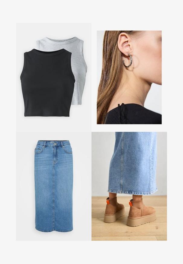 Even&Odd Petite 2 PACK - Felső - light grey/black; Kék farmer midi szoknya elöl gombos záródással, öt zsebbel és egyenes szabással. Fonott részletekkel és elhalványult mosással készült.; Barna velúr platform csizmák elasztikus oldalsó panelekkel és narancssárga húzófülekkel, amelyek egy térdközépig érő világoskék farmer szoknyával vannak párosítva egy fás padlón.; Ez egy ezüst fülbevaló, sima felülettel, amelyen apró arany díszítőelemek találhatók. Kerek formájú és a fülcimpán viselik.