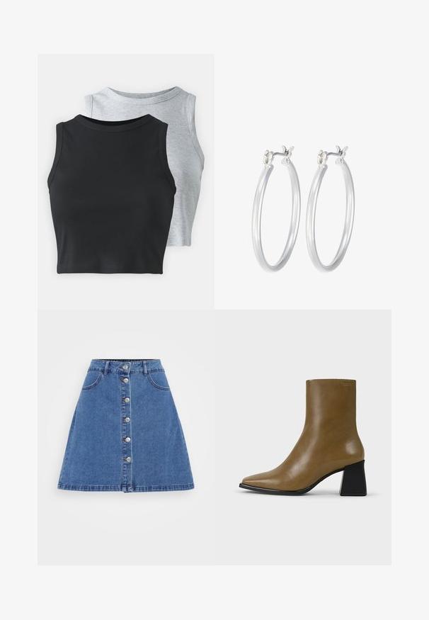 Even&Odd Petite 2 PACK - Toppi - light grey/black; Denim A-linja hame, jossa on vyötärönauha, edessä napitus, kaksi taskua ja hieman rispaantunut helma. Vaaleansininen väri ja tasainen kuitu.; Ruske nahke gležnjače s špičastim prstom, elegantne oblike in teksturiranem zaključku. Imajo kontrastno črn blok peto.; Hope-silver rengas, joissa on sileä ja kiillotettu pinta. Pyöreä muoto ja turvallinen napsautettava lukitus. Kevyt muotoilu sopii päivittäiseen käyttöön.