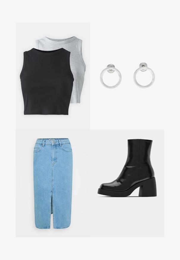 Even&Odd Petite 2 PACK - Tops - light grey/black; Gaišs zils džinsa svārku dizains ar taisnu piegriezumu, vidēja garuma, ar priekšējo šķēlumu un klasiskām kabatu detaļām. Vara pogas akcents jostasvietā.; Melnas potītes zābaku ar spīdīgu apdari, kvadrātveida pirkstu un biezu bloku papēdi. Dizainā ir bezšuvju siluets un minimāla zīmola identitāte.; Sudraba metāla gredzenveida auskari ar matētu faktūru, ar apaļu dizainu un caurspīdīgu aizdari, lai nodrošinātu drošu valkāšanu.
