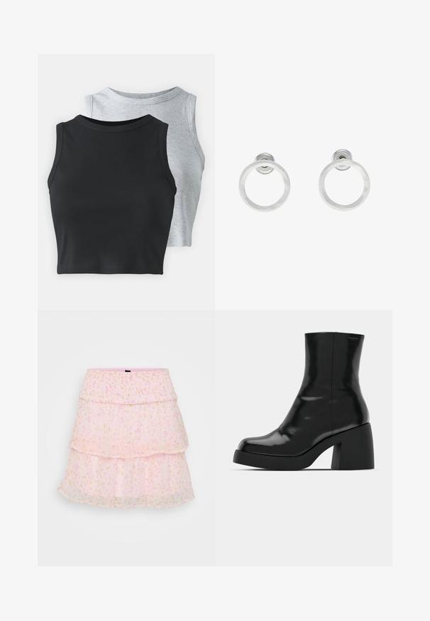 Even&Odd Petite 2 PACK - Top - light grey/black; Roza, slojevita suknja od prozirnog materijala s cvjetnim dezenima u pastelnim bojama. Elastična pojas povećava udobnost i prilagođenost.; Crne gležnjače s sjajnom površinom, četvrtastim vrhom i debelim blok petama. Dizajn ima besprijekornu siluetu i minimalno brendiranje.; Srebrne metalne naušnice u obliku prstena s brušenom teksturom, s kružnim dizajnom i prozirnom vrstom kopče za sigurno nošenje.