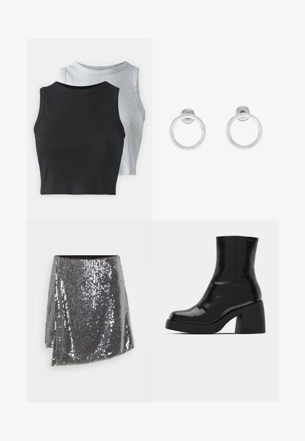 Even&Odd Petite 2 PACK - Top - light grey/black; Silberner, glitzernder Minirock mit Wickeldesign, der eine strukturierte Oberfläche und einen leicht asymmetrischen Saum aufweist.; Schwarze Stiefeletten mit glänzender Oberfläche, quadratischer Zehenpartie und dicker Blockabsatz. Das Design zeichnet sich durch eine nahtlose Silhouette und minimalistische Markenkennzeichnung aus.; Silberne Metall-Hoops Ohrringe mit gebürsteter Oberfläche, die ein kreisförmiges Design aufweisen und mit einem klaren Steckverschluss für einen sicheren Halt ausgestattet sind.