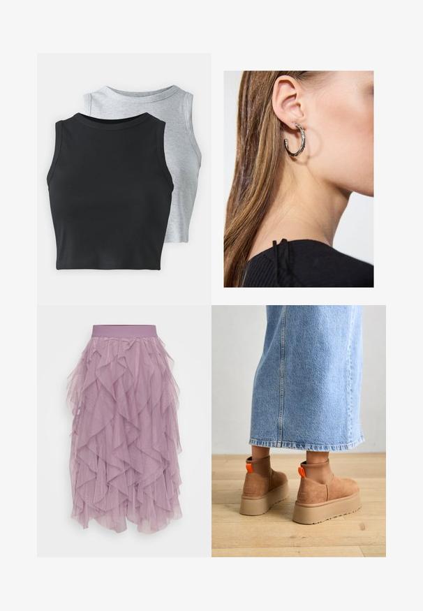 Even&Odd Petite 2 PACK - Felső - light grey/black; Ibolyaszín tüll szoknya, rétegelt fodrokkal, elasztikus derékpánttal és könnyű, áttetsző textúrával. Sokrétű sziluettel készült.; Barna velúr platform csizmák elasztikus oldalsó panelekkel és narancssárga húzófülekkel, amelyek egy térdközépig érő világoskék farmer szoknyával vannak párosítva egy fás padlón.; Ez egy ezüst fülbevaló, sima felülettel, amelyen apró arany díszítőelemek találhatók. Kerek formájú és a fülcimpán viselik.