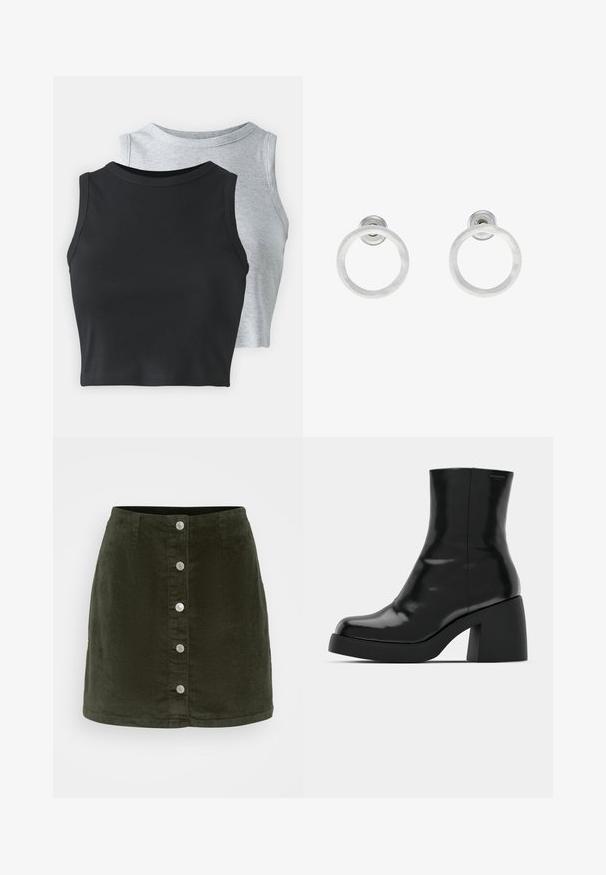 Even&Odd Petite 2 PACK - Topp - light grey/black; Vero Moda Petite VMETTA SHORT SKATER - A-lõikeline seelik - forest night; Mustad mustad, läikiva viimistlusega, ruudukujulise varbaga ja paksu plokktallaga. Kujundus sisaldab sujuvat siluetti ja minimaalset brändimist.; Hõbedased metallist rõngastooted, millel on harjatud tekstuur, ümmargune disain ja selge tagumine post, tagamaks kindlat kandmist.