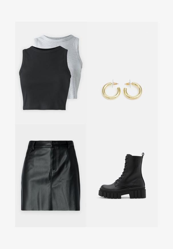 Even&Odd Petite 2 PACK - Viršus - light grey/black; Juodas odinis mini sijonas, pasižymintis lygiu paviršiumi, juosmeniu su mygtuko uždarymu ir priekinėmis kišenėmis su siuvinėtomis detalėmis.; Juodos odinės kulkšnės botai su masyviu, dantytu padu, raištelių užsegimu priekyje ir kilpeliu ant sklandaus balto fono.; Aukso auskarai su lygiu, blizgiu paviršiumi. Apvalus dizainas su maža užrakto dalimi ir skaidria atrama saugiam nešiojimui.