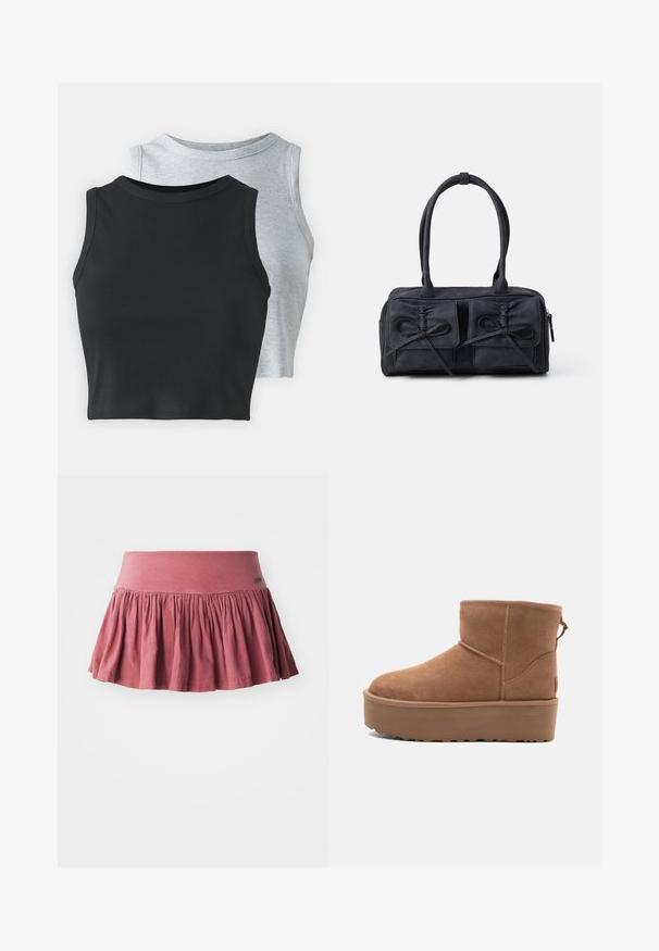 Even&Odd Petite 2 PACK - Top - light grey/black; Ružová bavlnená sukňa s elastickým pásom, s nariasením a rozšíreným strihom. Hladká textura, dizajn po kolená.; Hnedé semišové členkové čižmy s platformou, okrúhlou špičkou a zdobením stehov; majú slučku zozadu pre jednoduché obúvanie.; Čierna textilná kabelka s dvoma prednými vreckami, ktoré majú detaily s mašľou, dvojitými uchami a zipsom. Mäkká textúra a obdĺžnikový tvar.