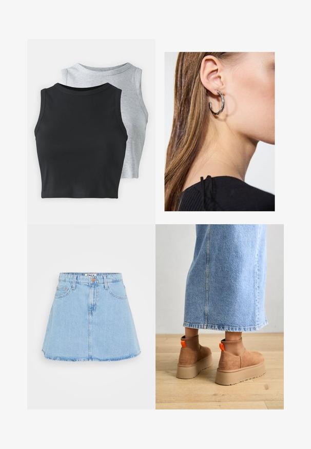 Even&Odd Petite 2 PACK - Tops - light grey/black; Gaiši zils džinsu svārku ar izvērstu formu, piecu kabatu dizainu un neapstrādātu malu. Tam ir priekšējā pogu aizdare un jostu cilpas.; Brūni zamšādas platforma zābaki ar elastīgiem sānu paneļiem un oranžām cilpām, apvienoti ar līdz ceļgaliem garu gaišā denima svārku uz koka grīdas.; Sudraba auskars ar pulētu apdari, ar maziem zelta akcentiem un apaļu formu, uz ausu ļipiņas.