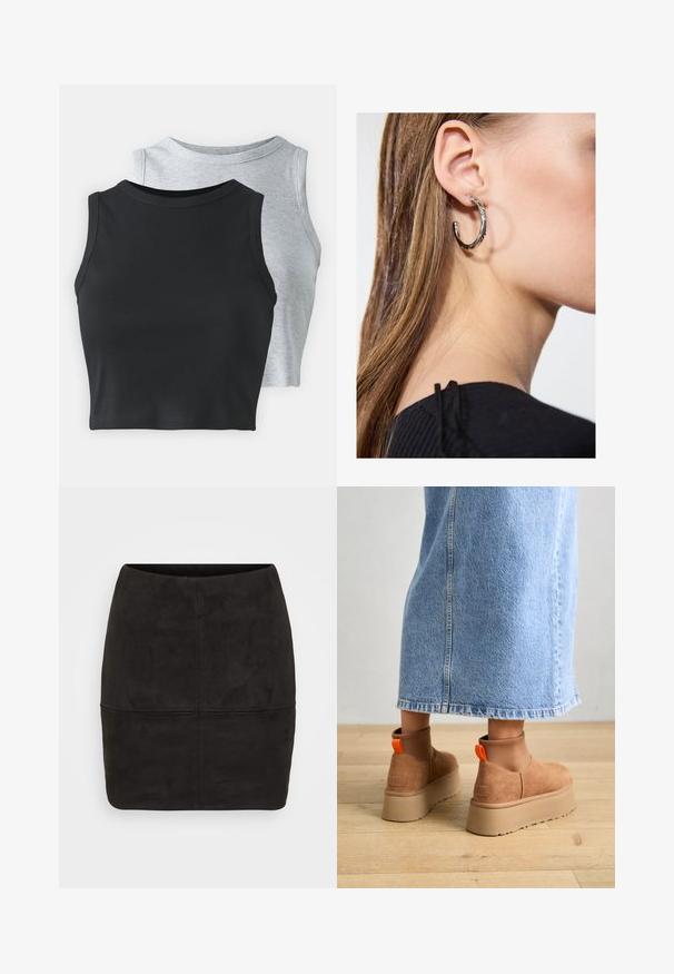 Even&Odd Petite 2 PACK - Top - light grey/black; Čierna semišová mini sukňa s priliehavým dizajnom, ktorá má hladkú textúru a vertikálne švy pozdĺž prednej časti.; Hnedé zamskové platformové čižmy s elastickými bočnými panelmi a oranžovými ťahákmi, v kombinácii s sukňou z ľahkého denimu po kolená, na drevenej podlahe.; Strieborná kruhová náušnica s lesklým povrchom, obsahujúca malé zlaté akcenty a okrúhly tvar, nosená na lalôčiku ucha.
