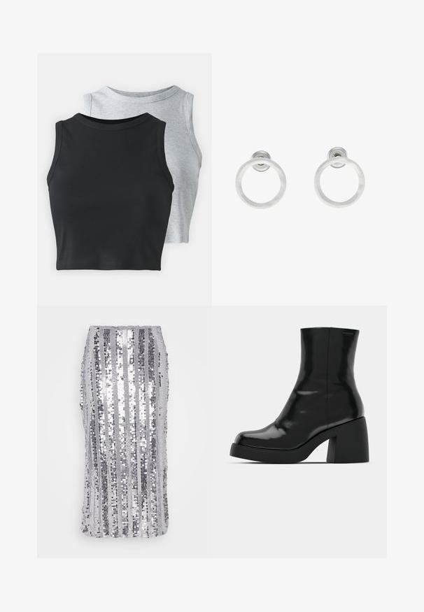 Even&Odd Petite 2 PACK - Top - light grey/black; Srebrna krilna krilna obleka z verticalnimi črtami različnih velikosti, gladko teksturo in prilegajočo obliko. Pralna v stroju in z enostavnim oblačenjem.; Črne gležnjarje z sijajno površino, kvadratnim nosom in debelim blokskim peto. Oblikovanje izstopa s brezšivno silhueto in minimalnim logotipiranjem.; Srebrni kovinski obročasti uhani z brušenjem, s krožno obliko in prozornim zatičem za varno nošenje.