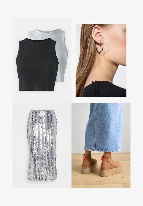 Even&Odd Petite 2 PACK - Viršus - light grey/black; Sidabrinė blizgučių sijonas, turintis vertikalių juostelių įvairių dydžių, švelni tekstūra ir prigludusi forma. Skalbiama skalbimo mašinoje, su slidžia dizaino sistema.; Rudos zomšiniai platforminiai batai su elastingomis šoniniais panirais ir oranžinėmis kilpomis, derinami su kelio ilgio šviesių džinsų sijonu ant medinių grindų.; Sidabrinė lankinė auskarai su poliruotu paviršiumi, turintys mažus auksinius akcentus ir apvalią formą, dėvimi ant ausies kaušelio.