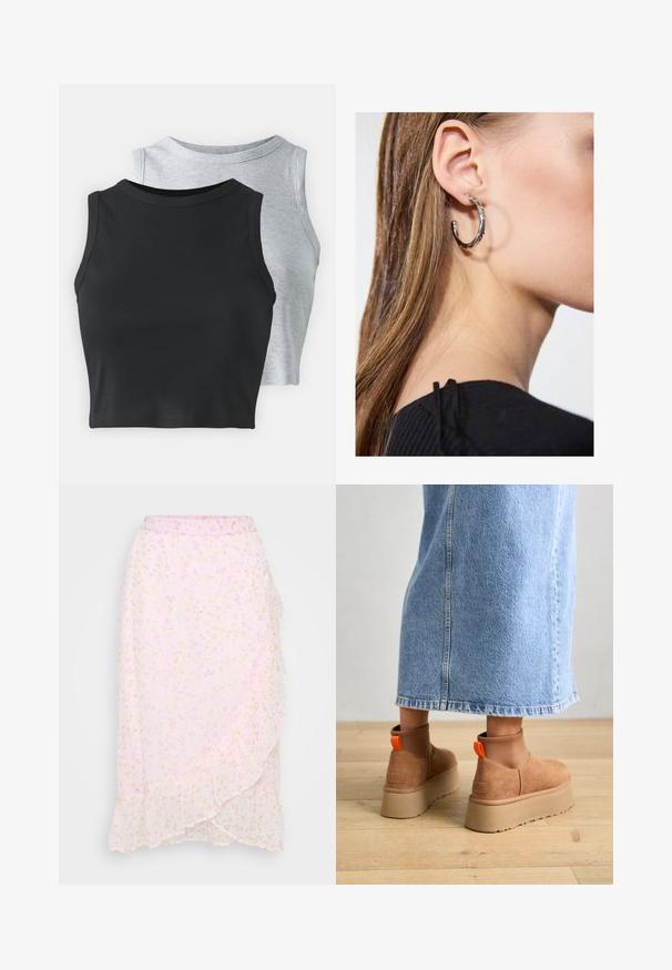 Even&Odd Petite 2 PACK - Top - light grey/black; Vero Moda Petite VMSMILLA WRAP SKIRT - Wickelrock - pink a boo/aura; Braune Wildleder-Plateau-Stiefel mit elastischen Seitenpaneelen und orangen Zuglaschen, kombiniert mit einem knielangen hellen Jeansrock auf einem Holzboden.; Silberne Creolen mit polierter Oberfläche, die kleine goldene Akzentdetails und eine runde Form aufweisen, am Ohrläppchen getragen.