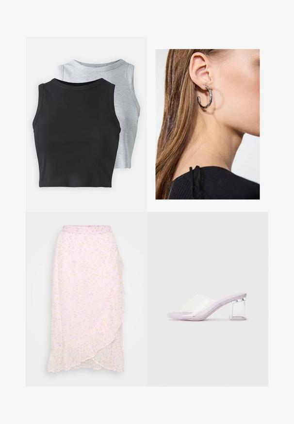 Even&Odd Petite 2 PACK - Top - light grey/black; Vero Moda Petite VMSMILLA WRAP SKIRT - Wikkelrok - pink a boo/aura; Lila hakjes met een doorzichtig plastic bovenwerk en een transparante blokhak. Gladde textuur, open teen ontwerp, minimalistische vorm.; Zilveren oorbel met een gepolijste afwerking, met kleine gouden accentdetails en een ronde vorm, gedragen op de oorlel.