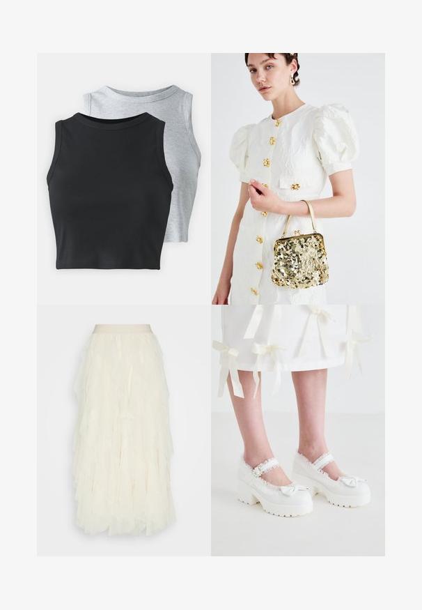Even&Odd Petite 2 PACK - Top - light grey/black; Creme kleurige tule rok met gelaagde ruches. Beschikt over een gladde tailleband en een gestructureerde, doorschijnende afwerking. Val op knielengte.; Koi Footwear TIRA RUFFLE MARY JANES PORCELAIN DELIGHTS EDITION - Plateaupumps - white; Witte jurk met pofmouwen, versierd met bloemen en gouden hardware, gecombineerd met een gouden handtas van pailletten met een vintage sluiting.; Gouden oorbellen met twee parel-druppels. Een paar heeft stud-posts; het andere is een hangstijl met een ketting en extra parels.