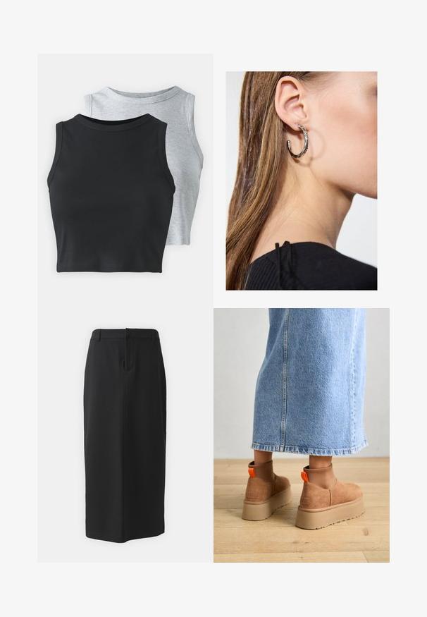 Even&Odd Petite 2 PACK - Tops - light grey/black; Melna zīmuļa svārku garums līdz ceļgaliem, izgatavots no gludas auduma. Iespējojot aizmugurē esošu šķēlumu un sānu kabatas, ar vienkāršu dizainu un neitrālu krāsu.; Brūni zamšādas platforma zābaki ar elastīgiem sānu paneļiem un oranžām cilpām, apvienoti ar līdz ceļgaliem garu gaišā denima svārku uz koka grīdas.; Sudraba auskars ar pulētu apdari, ar maziem zelta akcentiem un apaļu formu, uz ausu ļipiņas.