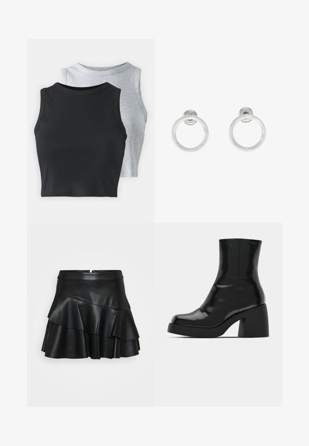 Even&Odd Petite 2 PACK - Linne - light grey/black; Svart läder mini kjol med en åtsittande midja och tre lager volanger, med en slät textur och dold bakdragkedja.; Svarta ankelstövlar med en blank finish, fyrkantig tå och en tjock blockklack. Designen har en sömlös silhuett och minimal märkning.; Silvriga metallringörhängen med borstad yta, som har en cirkulär design och en genomskinlig stiftbaksida för säker användning.