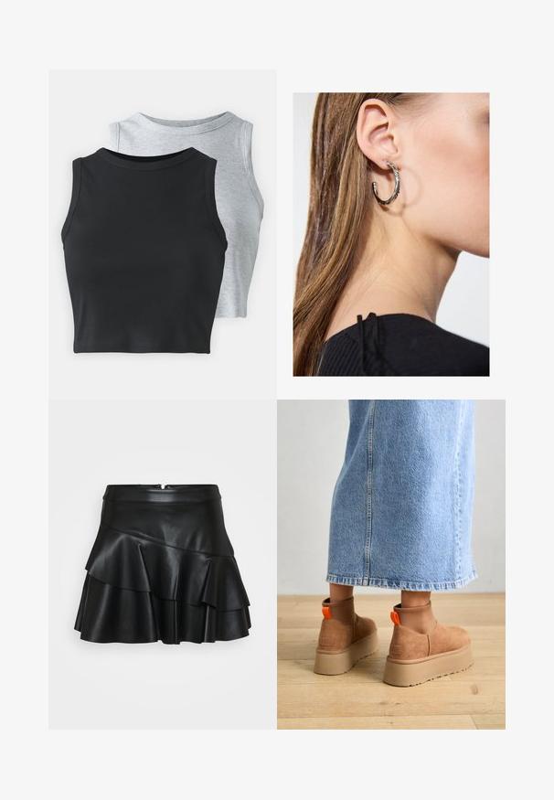 Even&Odd Petite 2 PACK - Viršus - light grey/black; Juoda odinė mini sijonas su prigludusia juosmens dalimi ir trimis sluoksnių volanais, pasižymintis lygiu paviršiumi ir paslėptu užtrauktuku nugarinėje dalyje.; Rudos zomšiniai platforminiai batai su elastingomis šoniniais panirais ir oranžinėmis kilpomis, derinami su kelio ilgio šviesių džinsų sijonu ant medinių grindų.; Sidabrinė lankinė auskarai su poliruotu paviršiumi, turintys mažus auksinius akcentus ir apvalią formą, dėvimi ant ausies kaušelio.